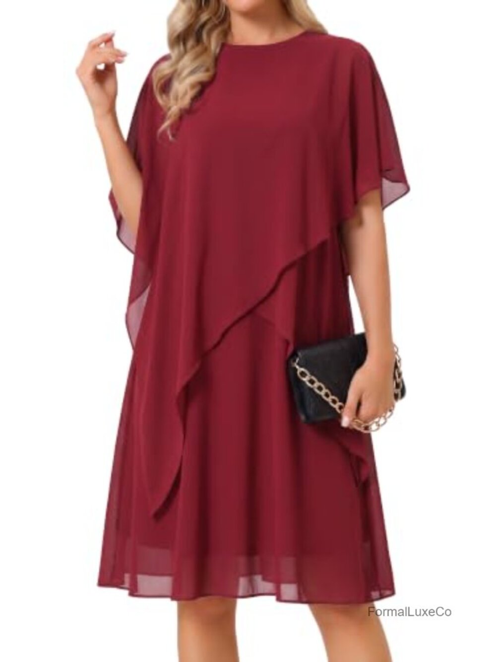 Women's Chiffon Cape Overlay Formal Midi Dress 3/4 Sleeve Wedding Guest